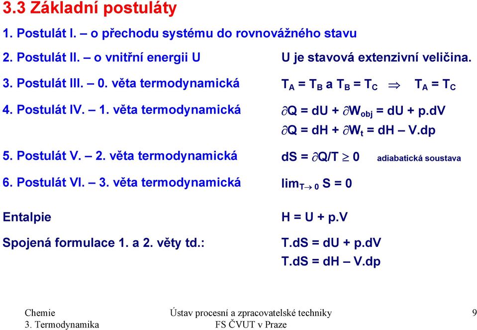 Postulát I.. věta termodynamická Q du + W obj du +.d Q dh + W t dh.d 5. Postulát.