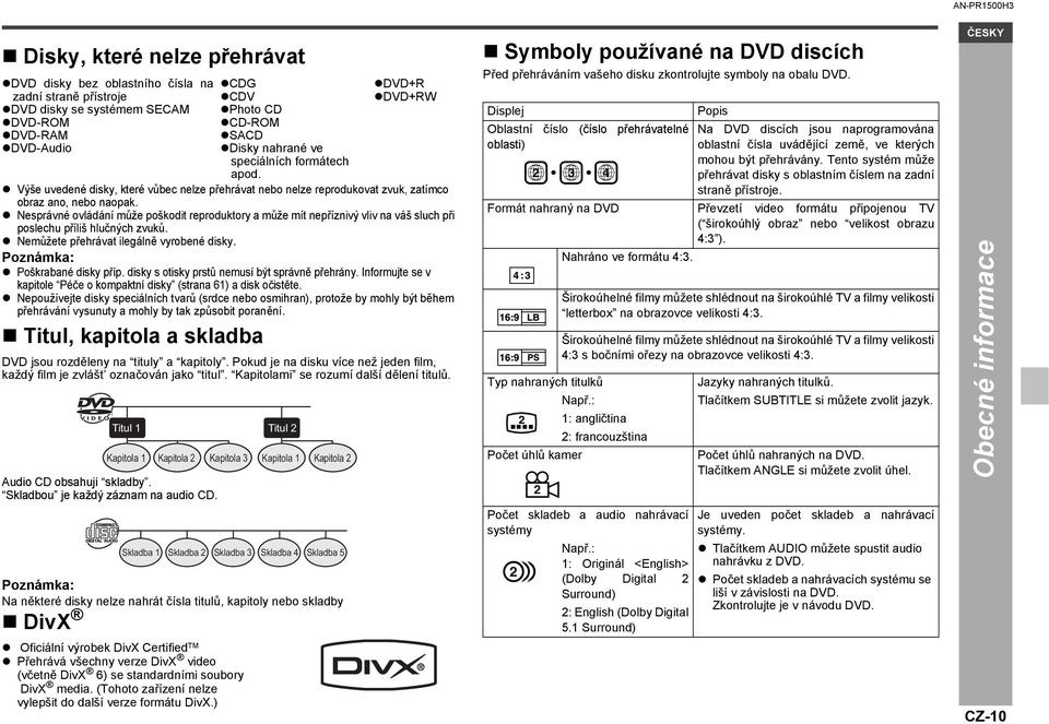 Nemůžete přehrávat ilegálně vyrobené disky. Poznámka: Poškrabané disky příp. disky s otisky prstů nemusí být správně přehrány.