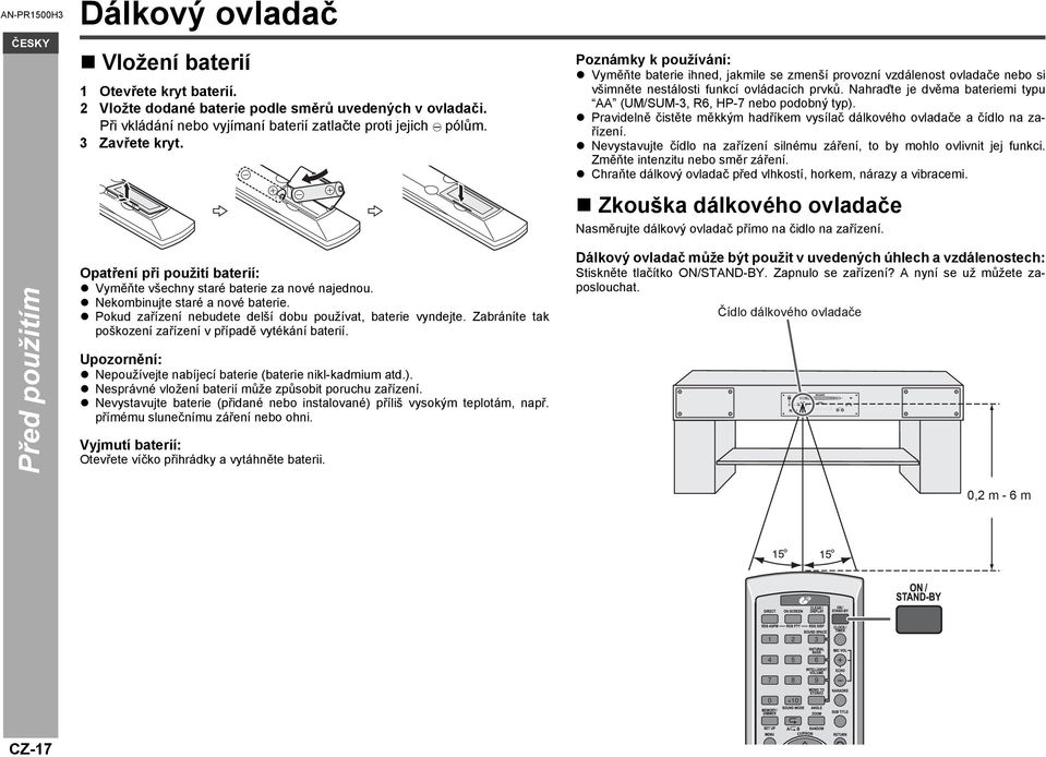 Nahraďte je dvěma bateriemi typu AA (UM/SUM-3, R6, HP-7 nebo podobný typ). Pravidelně čistěte měkkým hadříkem vysílač dálkového ovladače a čídlo na zařízení.