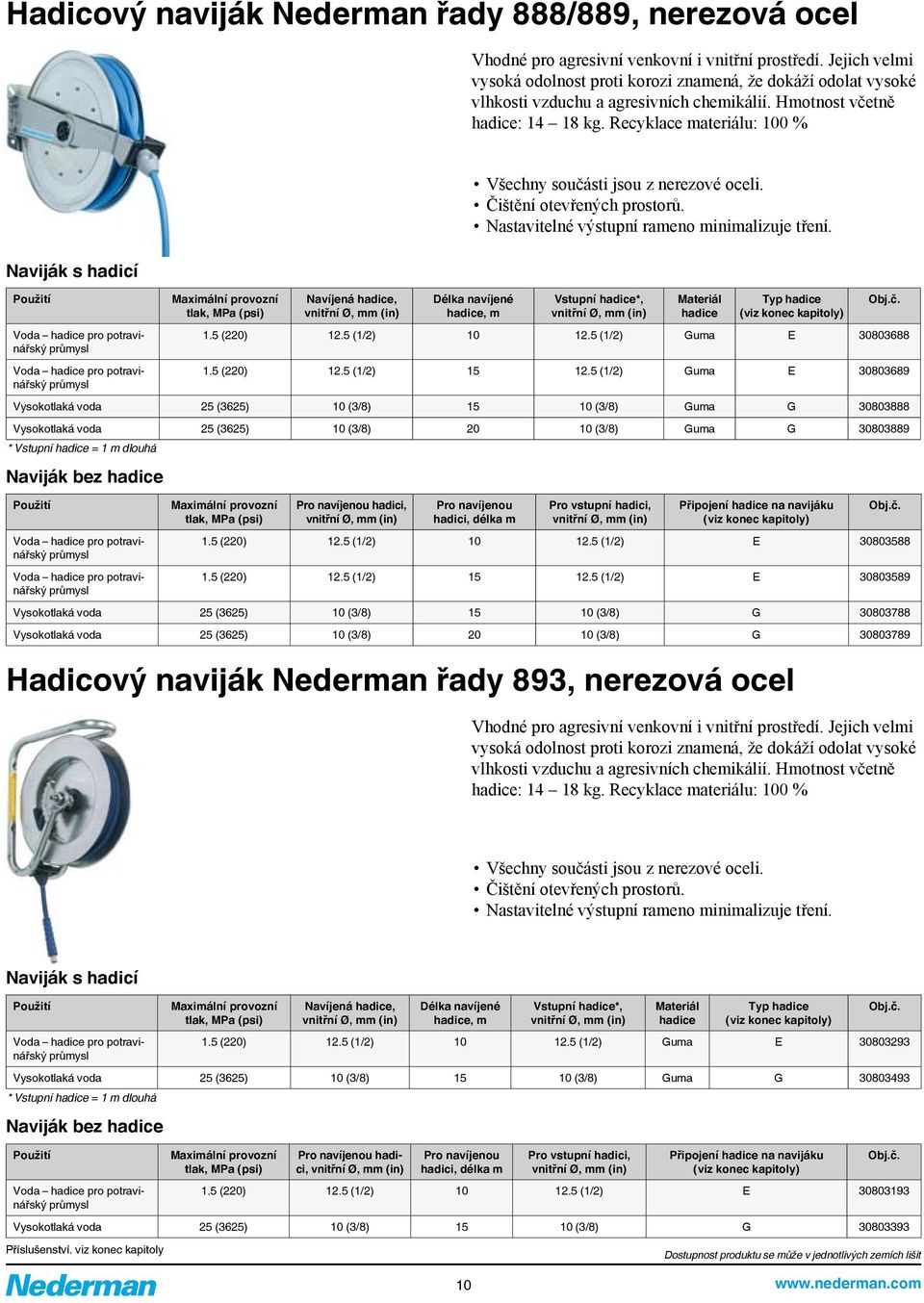 Recyklace materiálu: 100 % Naviják s hadicí Použití Voda hadice pro potravinářský průmysl Voda hadice pro potravinářský průmysl * Vstupní hadice = 1 m dlouhá Naviják bez hadice Maximální provozní