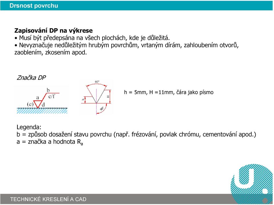 Nevyznačuje nedůležitým hrubým povrchům, vrtaným dírám, zahloubením otvorů, zaoblením,