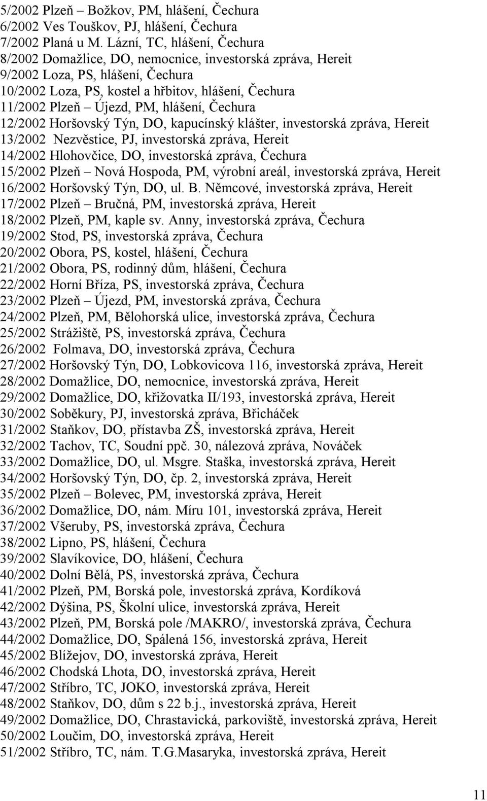 hlášení, Čechura 12/2002 Horšovský Týn, DO, kapucínský klášter, investorská zpráva, Hereit 13/2002 Nezvěstice, PJ, investorská zpráva, Hereit 14/2002 Hlohovčice, DO, investorská zpráva, Čechura