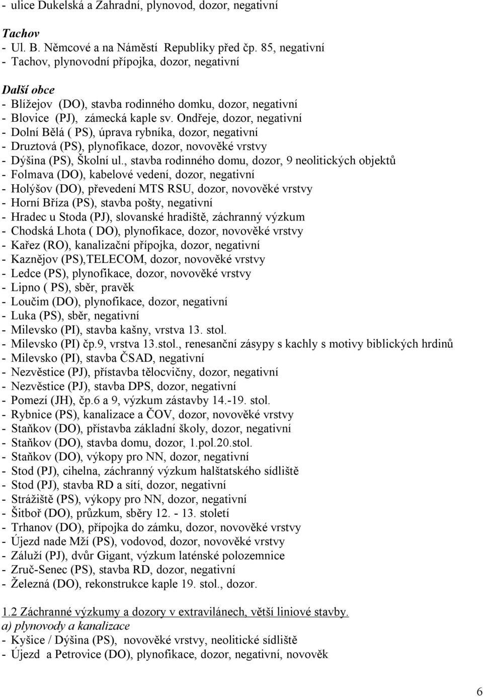 Ondřeje, dozor, negativní - Dolní Bělá ( PS), úprava rybníka, dozor, negativní - Druztová (PS), plynofikace, dozor, novověké vrstvy - Dýšina (PS), Školní ul.