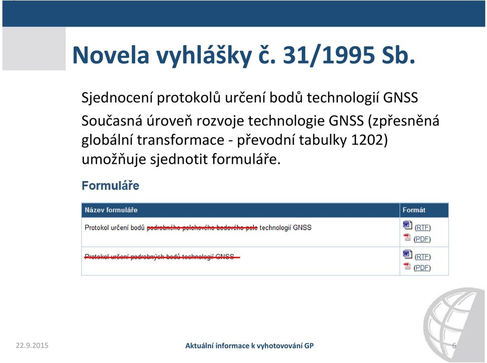 úroveň rozvoje technologie GNSS (zpřesněná globální