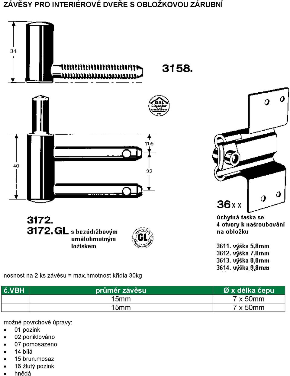 vbh průměr závěsu Ø x délka čepu 15mm 7 x 50mm 15mm 7 x 50mm možné