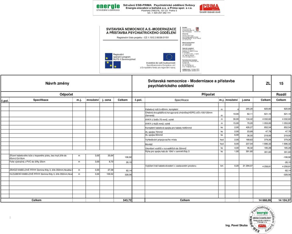 cena Celkem Celkem Zřízení kabelového lože z kopaného písku, bez krytí,šíře do 65cm,tl 2x10cm m 3,00 35,64 Kabelový rošt š=60mm, kompletní m 4 205,20 820,80 820,80 Ohebná dvouplášťová korugovaná