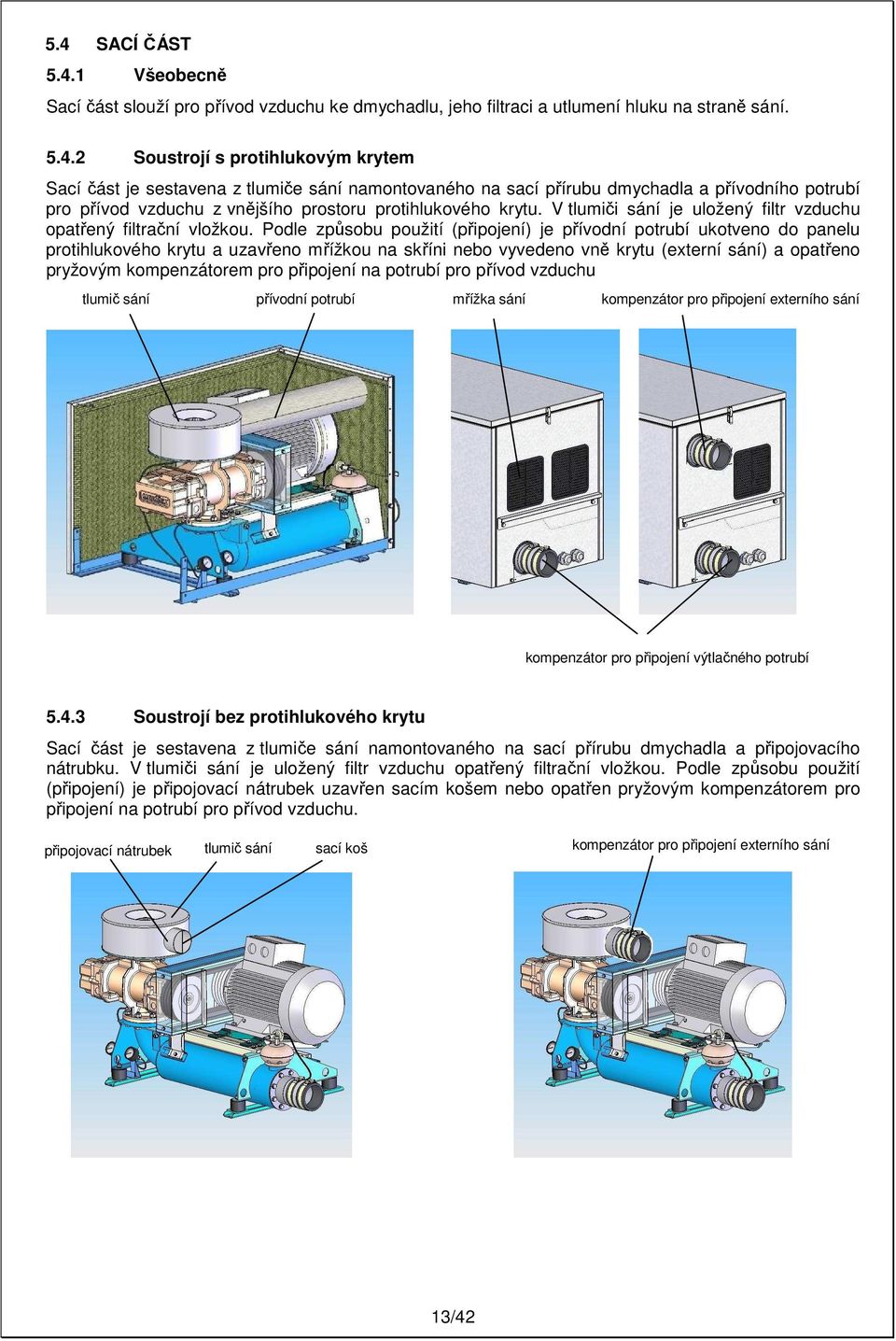 Podle způsobu použití (připojení) je přívodní potrubí ukotveno do panelu protihlukového krytu a uzavřeno mřížkou na skříni nebo vyvedeno vně krytu (externí sání) a opatřeno pryžovým kompenzátorem pro