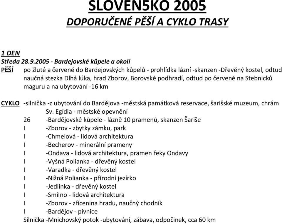 červené na Stebnicků maguru a na ubytování -16 km CYKLO -silnička -z ubytování do Bardějova -městská památková reservace, šarišské muzeum, chrám Sv.