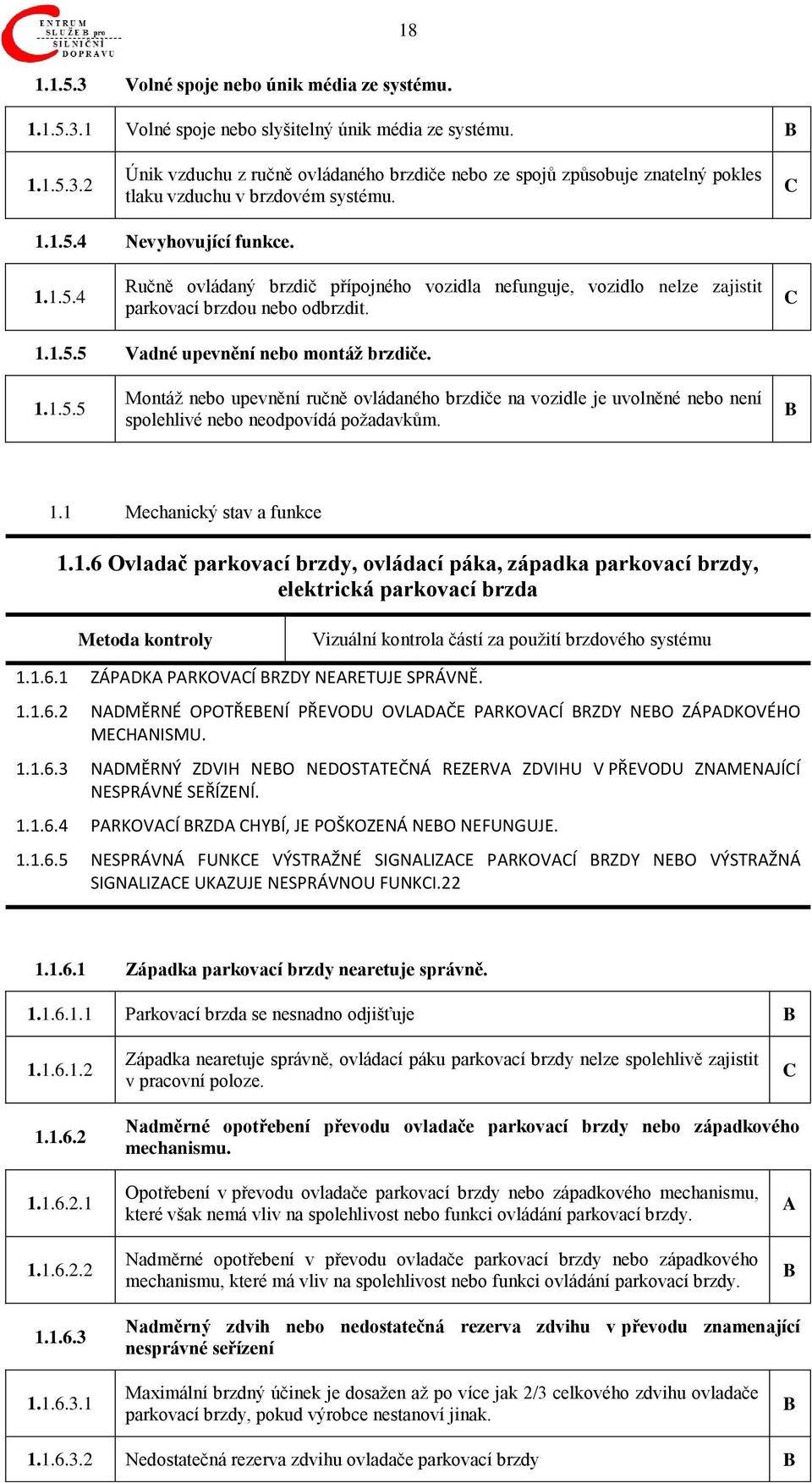 1.1 Mechanický stav a funkce 1.1.6 Ovladač parkovací brzdy, ovládací páka, západka parkovací brzdy, elektrická parkovací brzda Vizuální kontrola částí za použití brzdového systému 1.1.6.1 ZÁPDK PRKOVÍ RZDY NERETUJE SPRÁVNĚ.