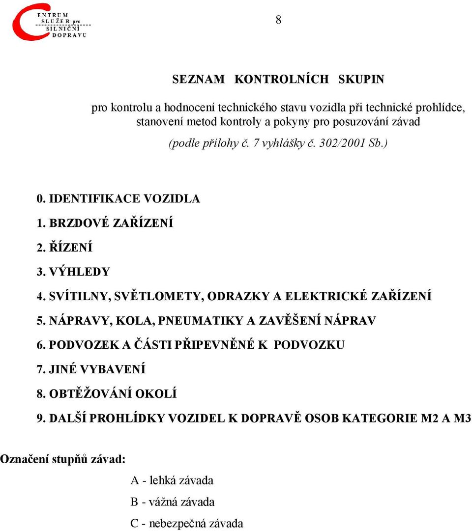 SVÍTILNY, SVĚTLOMETY, ODRZKY ELEKTRIKÉ ZŘÍZENÍ 5. NÁPRVY, KOL, PNEUMTIKY ZVĚŠENÍ NÁPRV 6. PODVOZEK ČÁSTI PŘIPEVNĚNÉ K PODVOZKU 7.