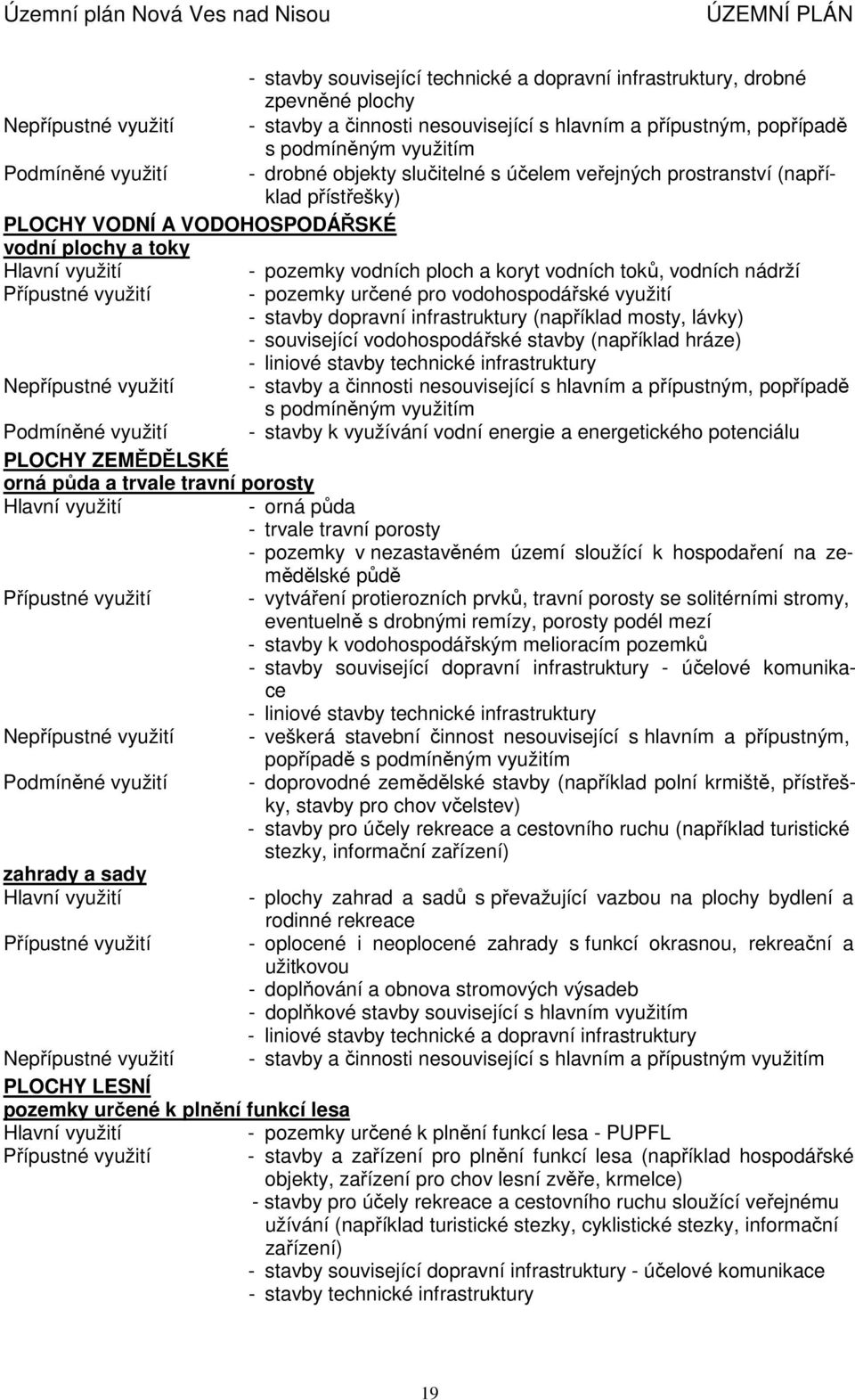 vodních nádrží Přípustné využití - pozemky určené pro vodohospodářské využití - stavby dopravní infrastruktury (například mosty, lávky) - související vodohospodářské stavby (například hráze) -