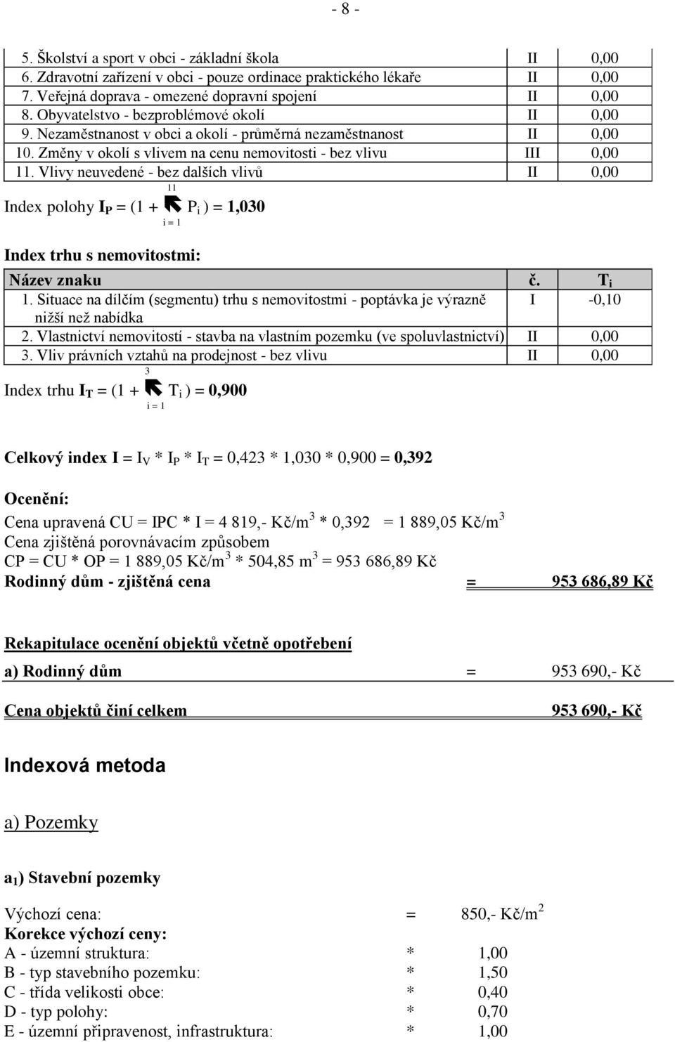 Vlivy neuvedené - bez dalších vlivů II 0,00 11 Index polohy I P = (1 + P i ) = 1,030 i = 1 Index trhu s nemovitostmi: Název znaku č. T i 1.