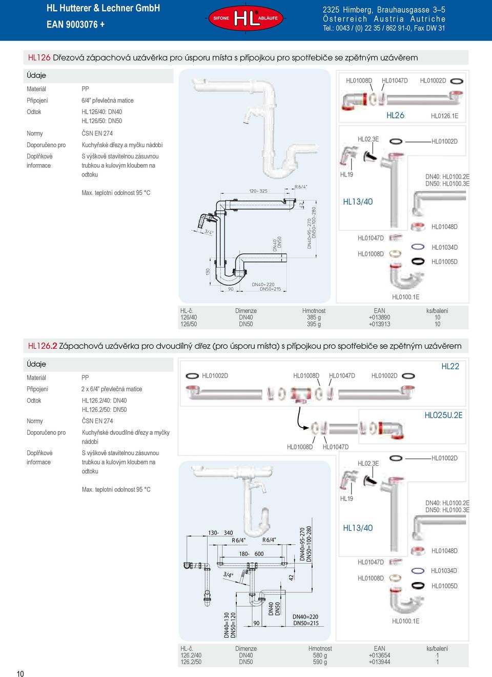1E 126/40 385 g +013890 10 126/50 395 g +013913 10 HL126.2 Zápachová uzávěrka pro dvoudílný dřez (pro úsporu místa) s přípojkou pro spotřebiče se zpětným uzávěrem HL22 2 x 6/4 převlečná matice HL126.