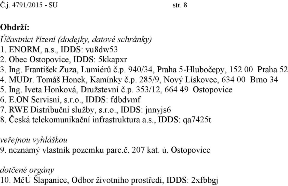 Iveta Honková, Družstevní č.p. 353/12, 664 49 Ostopovice 6. E.ON Servisní, s.r.o., IDDS: fdbdvmf 7. RWE Distribuční služby, s.r.o., IDDS: jnnyjs6 8.