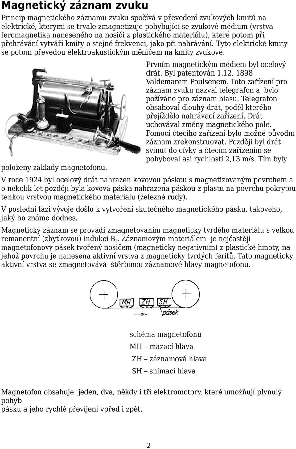 Tyto elektrické kmity se potom převedou elektroakustickým měničem na kmity zvukové. Prvním magnetickým médiem byl ocelový drát. Byl patentován 1.12. 1898 Valdemarem Poulsenem.