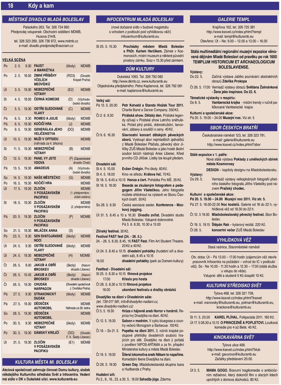 5. 18.00 ČERNÁ KOMEDIE (D) (Východočeské divadlo) Čt 5. 5. 19.30 OSTŘE SLEDOVANÉ (C) MDMB VLAKY Pá 6. 5. 9.30 ROMEO A JULIE (školy) MDMB Pá 6. 5. 19.30 KOČIČÍ HRA (J) MDMB Po 9. 5. 19.30 GENERÁLKA JEHO (DO) MDMB VELIČENSTVA Út 10.