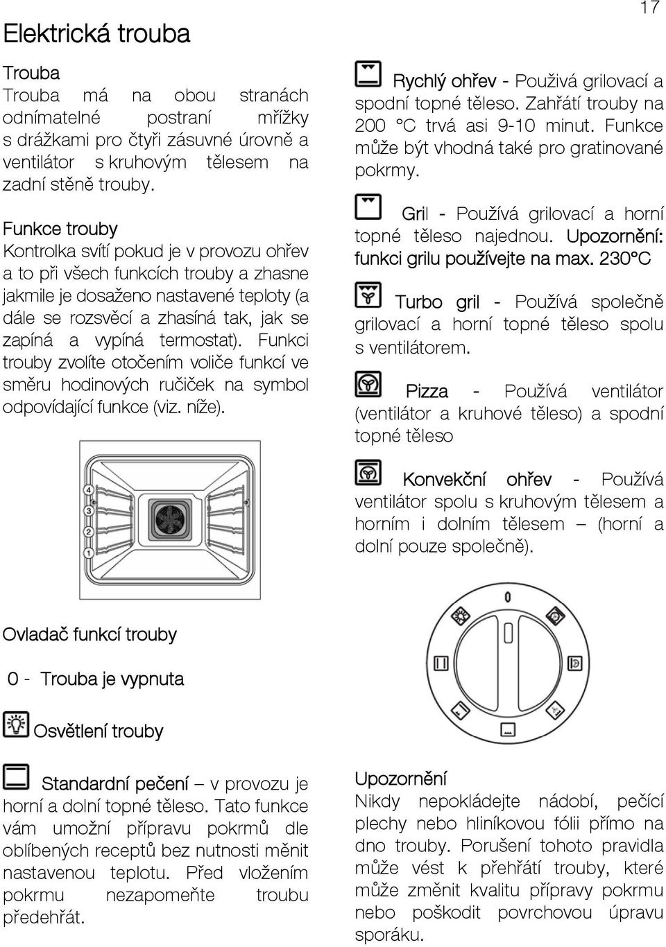 termostat). Funkci trouby zvolíte otočením voliče funkcí ve směru hodinových ručiček na symbol odpovídající funkce (viz. níže). 17 Rychlý ohřev - Použivá grilovací a spodní topné těleso.
