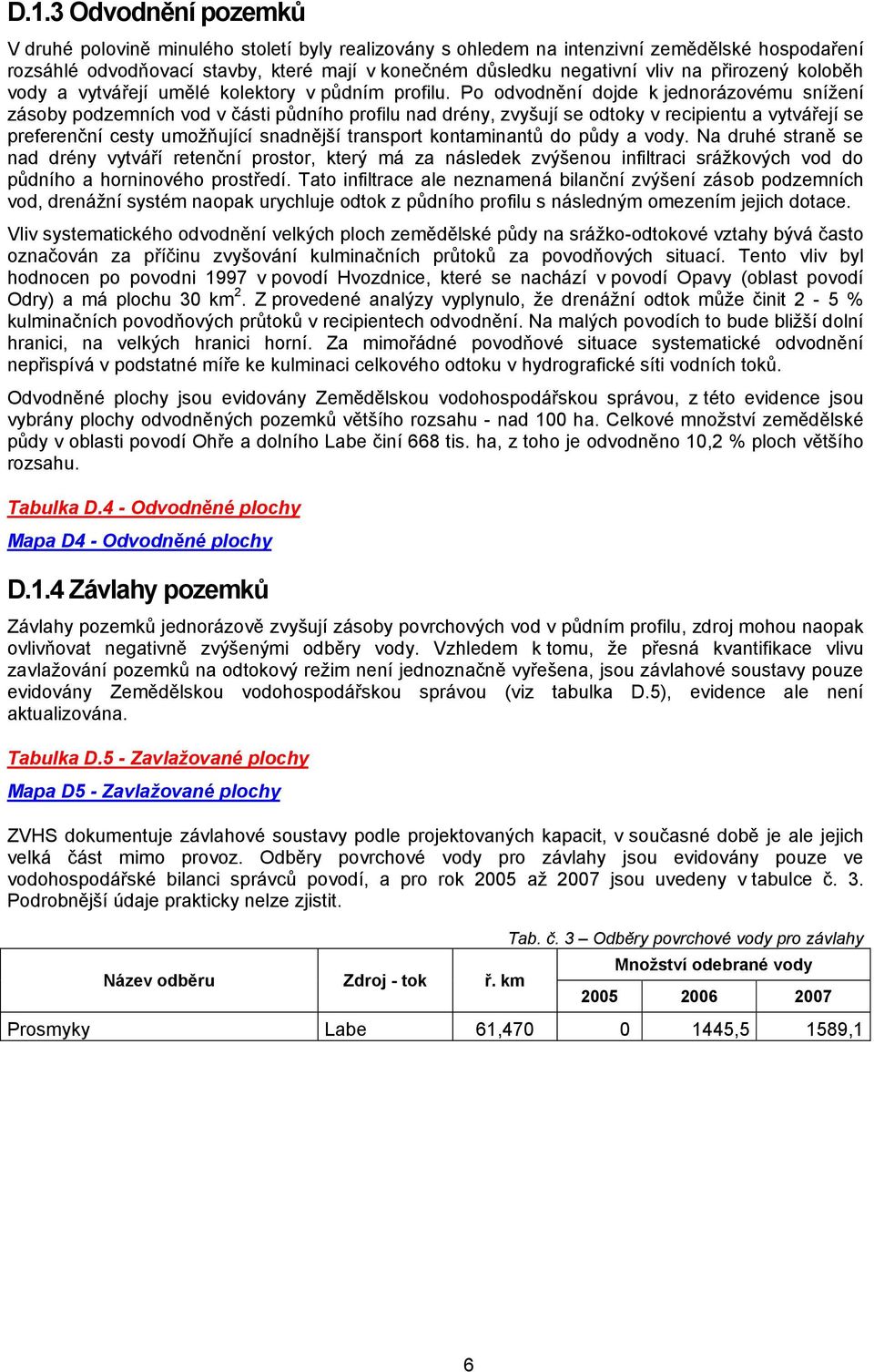 Po odvodnění dojde k jednorázovému sníţení zásoby podzemních vod v části půdního profilu nad drény, zvyšují se odtoky v recipientu a vytvářejí se preferenční cesty umoţňující snadnější transport