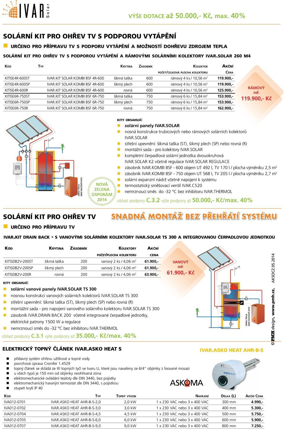 ivar.solar 260 m4 Typ Krytina Zásobník Kolektor počet/celková plocha kolektoru KITISE4R-600ST IVAR.KIT SOLAR KOMBI BSF 4R-600 šikmá taška 600 rámový 4 ks / 10,56 m 2 119.900,- KITISE4R-600SP IVAR.