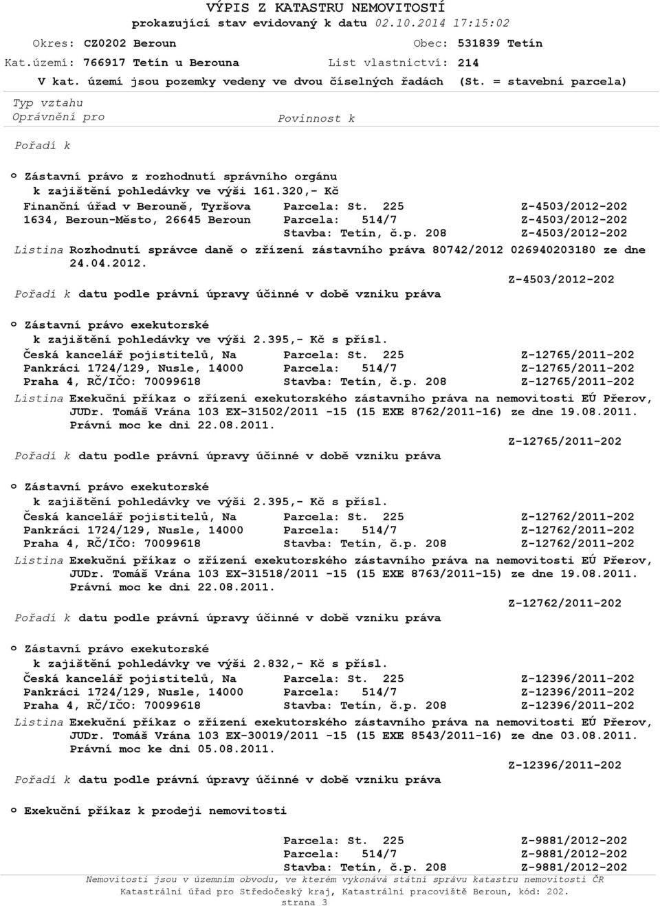 320,- Kč Finanční úřad v Beruně, Tyršva 1634, Berun-Měst, 26645 Berun Rzhdnutí správce daně zřízení zástavníh práva 80742/2012 