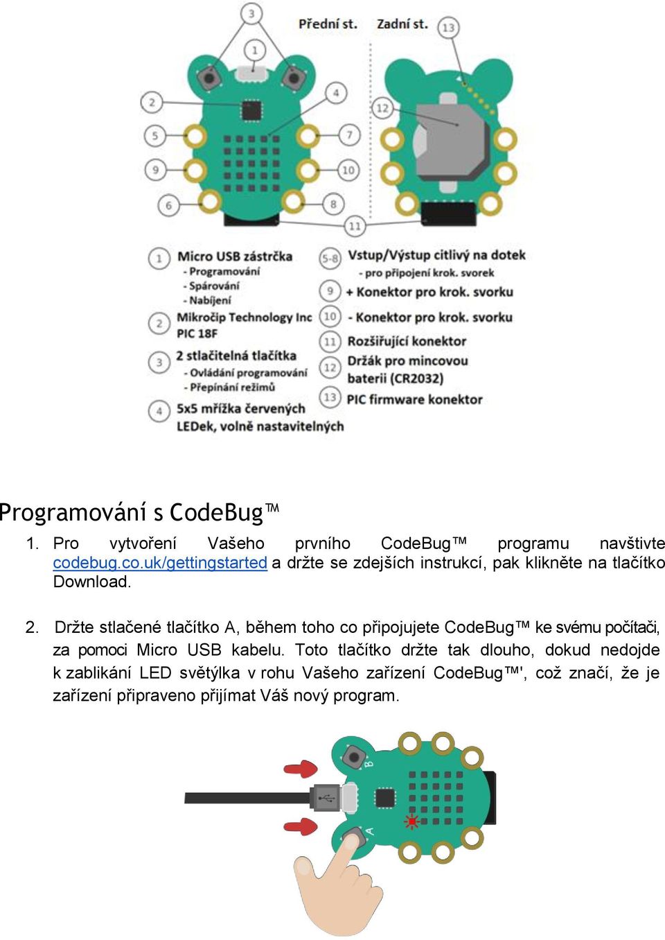 Držte stlačené tlačítko A, během toho co připojujete CodeBug ke svému počítači, za pomoci Micro USB kabelu.