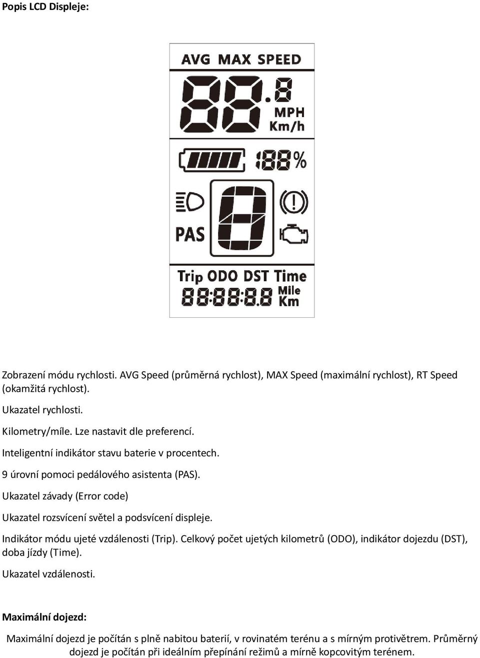 Ukazatel závady (Error code) Ukazatel rozsvícení světel a podsvícení displeje. Indikátor módu ujeté vzdálenosti (Trip).