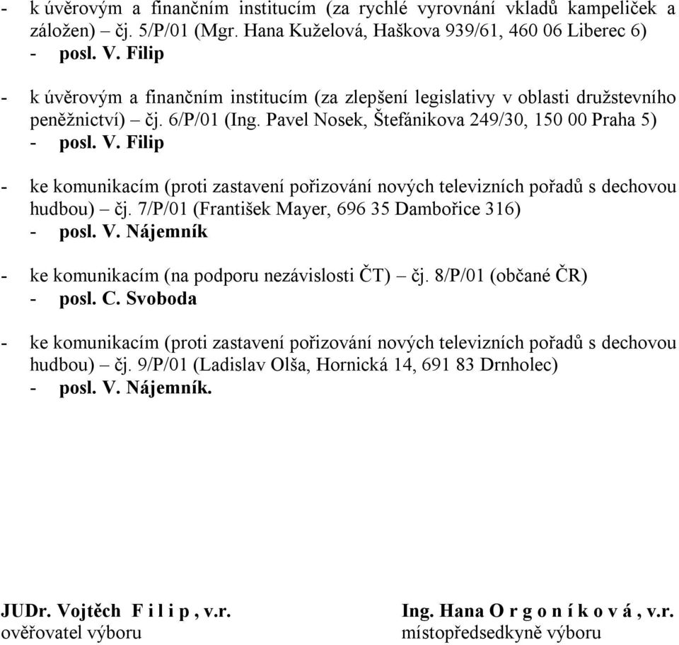 Filip - ke komunikacím (proti zastavení pořizování nových televizních pořadů s dechovou hudbou) čj. 7/P/01 (František Mayer, 696 35 Dambořice 316) - posl. V.