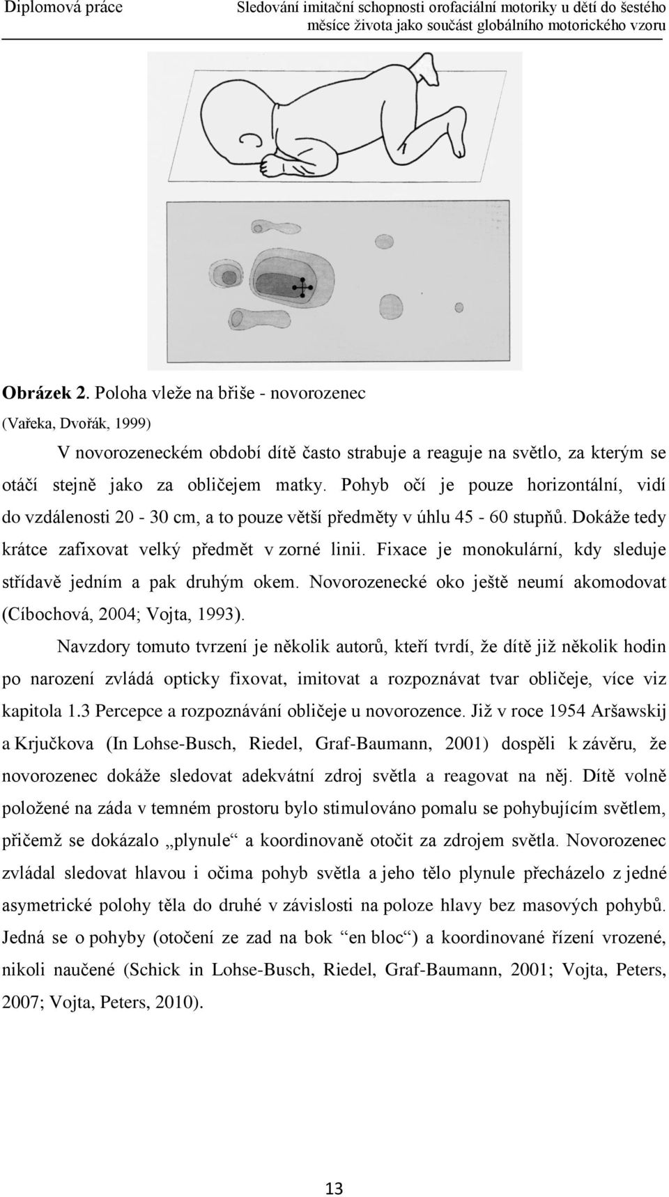 Fixace je monokulární, kdy sleduje střídavě jedním a pak druhým okem. Novorozenecké oko ještě neumí akomodovat (Cíbochová, 2004; Vojta, 1993).