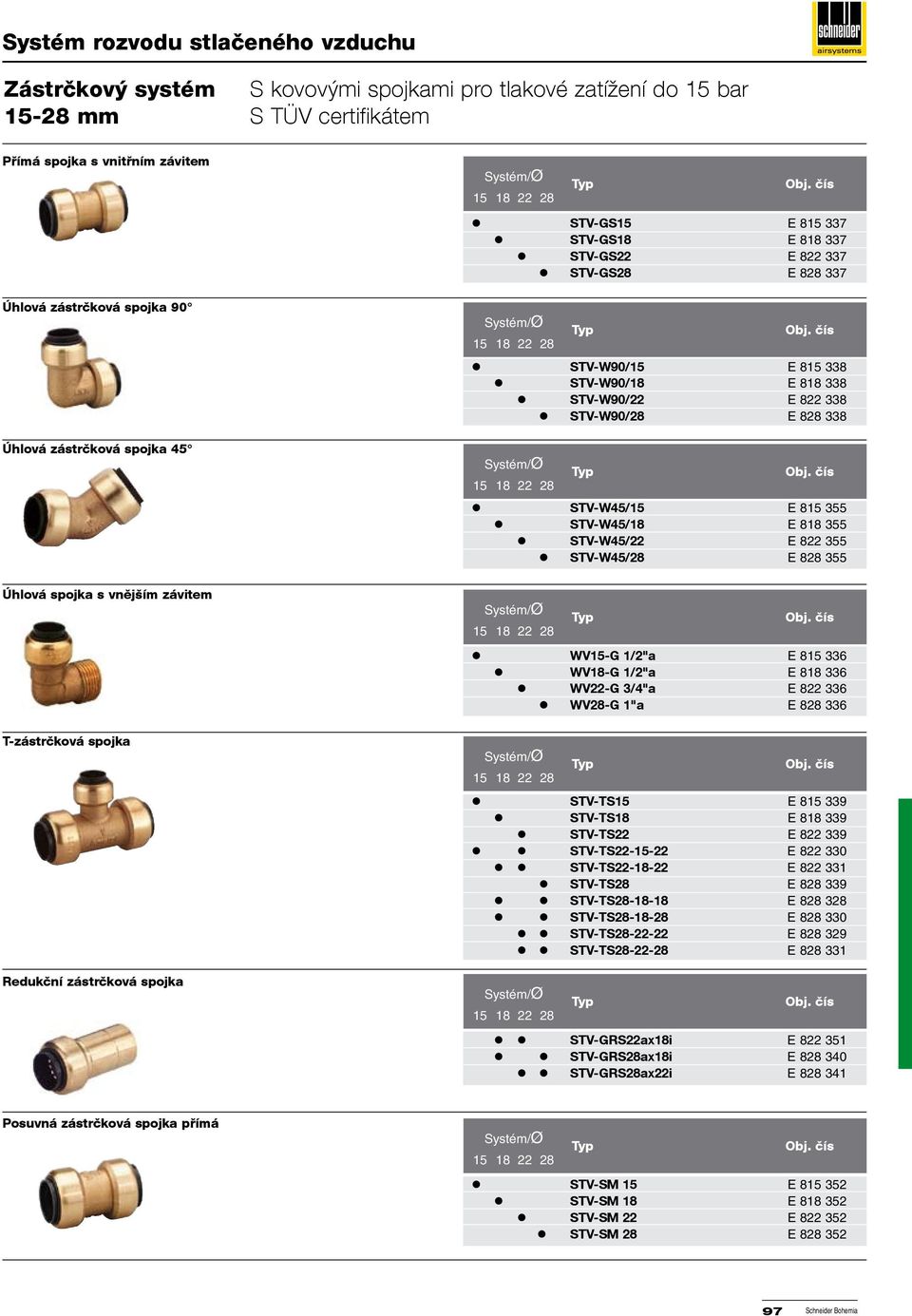 STV-W45/22 E 822 355 STV-W45/28 E 828 355 Úhlová spojka s vnějším závitem T-zástrčková spojka Redukční zástrčková spojka WV15-G 1/2"a E 815 336 WV18-G 1/2"a E 818 336 WV22-G 3/4"a E 822 336 WV28-G