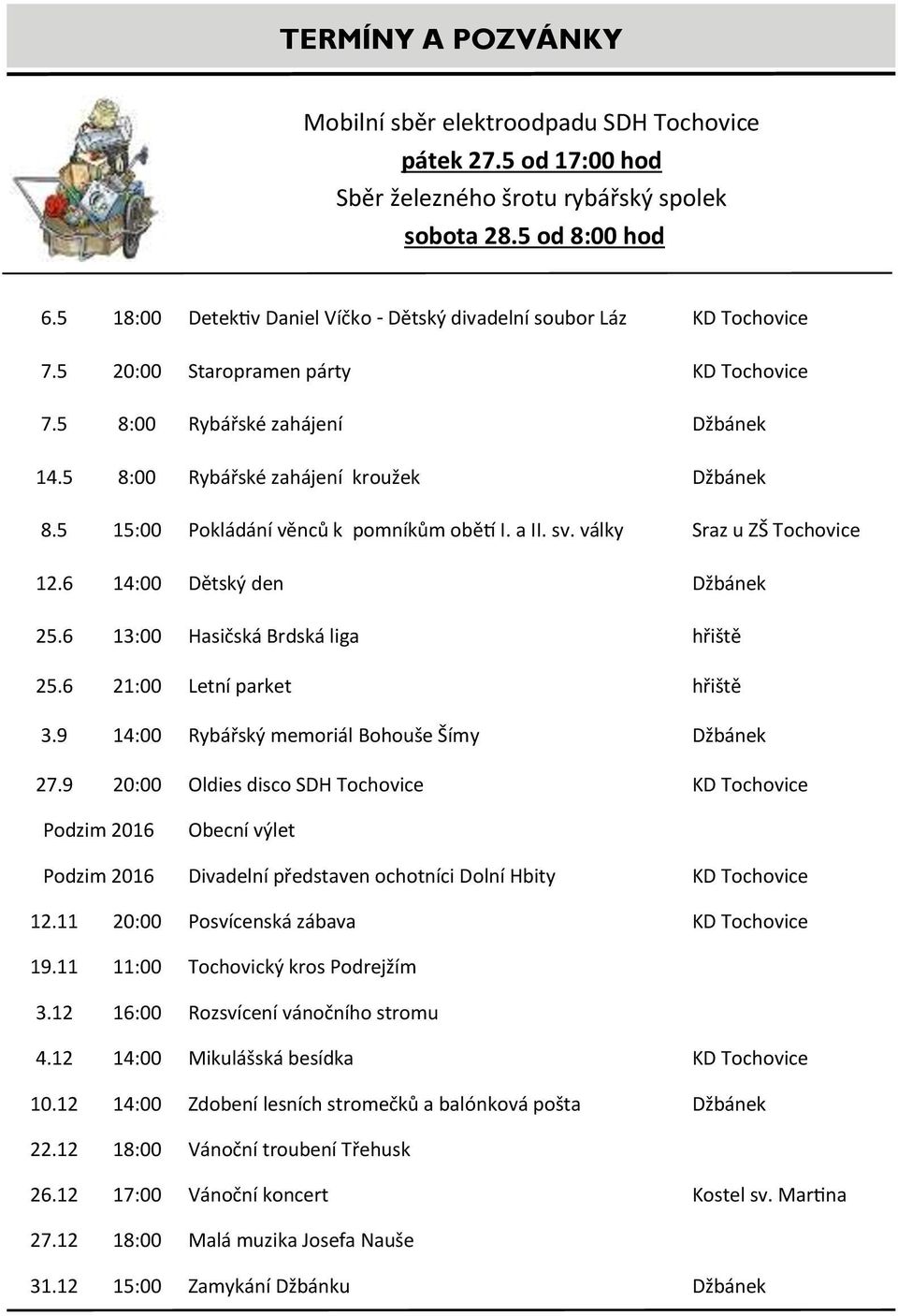 5 15:00 Pokládání věnců k pomníkům obětí I. a II. sv. války Sraz u ZŠ Tochovice 12.6 14:00 Dětský den Džbánek 25.6 13:00 Hasičská Brdská liga hřiště 25.6 21:00 Letní parket hřiště 3.