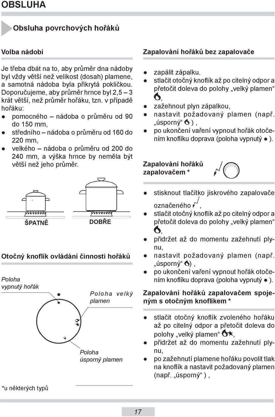 v případě hořáku: pomocného nádoba o průměru od 90 do 150 mm, středního nádoba o průměru od 160 do 0 mm, velkého nádoba o průměru od 00 do 40 mm, a výška hrnce by neměla být větší než jeho průměr.