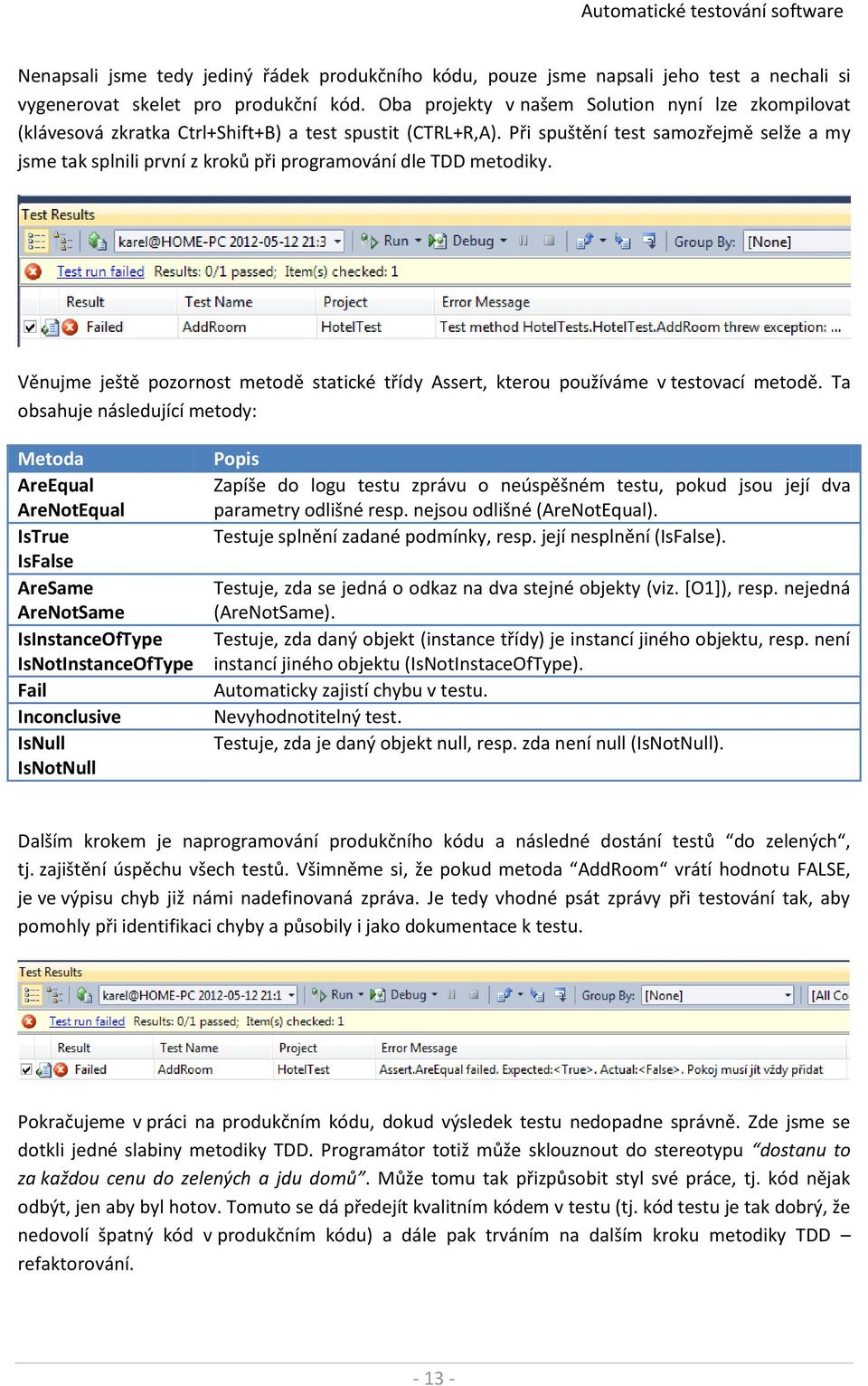 Při spuštění test samozřejmě selže a my jsme tak splnili první z kroků při programování dle TDD metodiky. Věnujme ještě pozornost metodě statické třídy Assert, kterou používáme v testovací metodě.