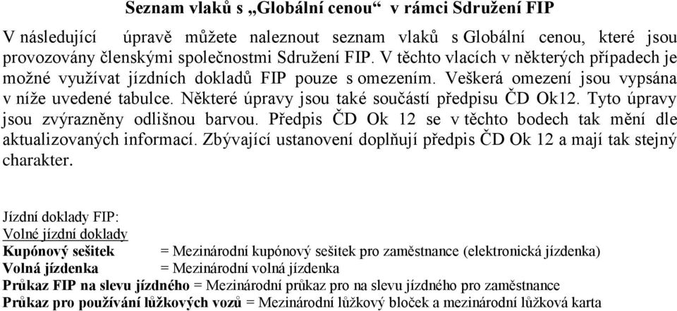 Tyto úpravy jsou zvýrazněny odlišnou barvou. Předpis ČD Ok 12 se v těchto bodech tak mění dle aktualizovaných informací. Zbývající ustanovení doplňují předpis ČD Ok 12 a mají tak stejný charakter.