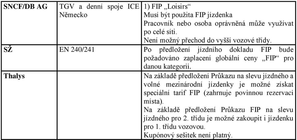 SŽ EN 240/241 Po předložení jízdního dokladu FIP bude požadováno zaplacení globální ceny FIP pro danou kategorii.