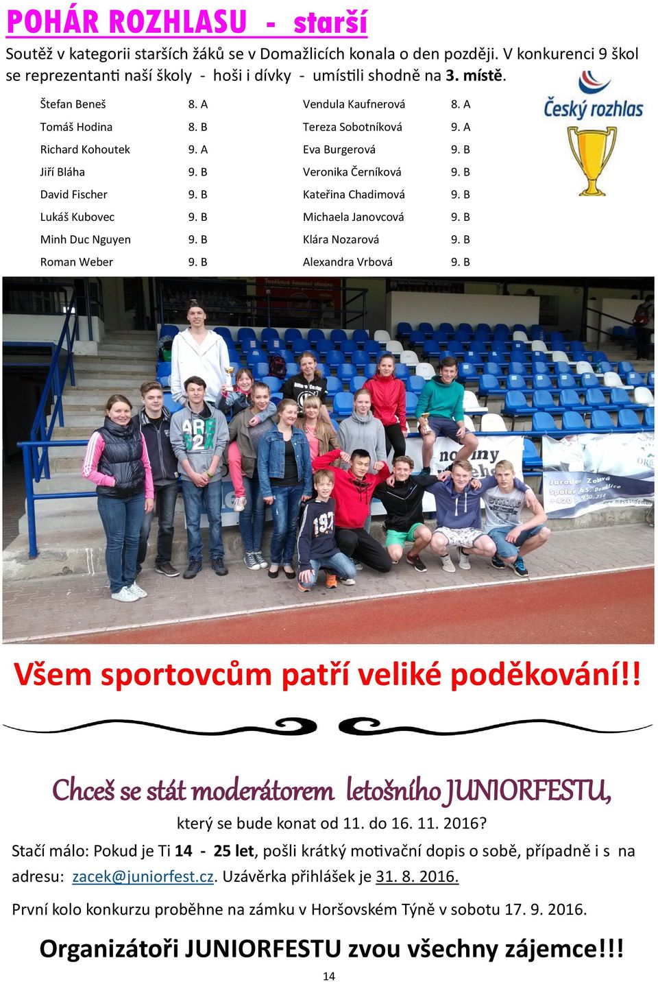 A Eva Burgerová Jiří Bláha Veronika Černíková David Fischer Kateřina Chadimová Lukáš Kubovec Michaela Janovcová Minh Duc Nguyen Klára Nozarová Roman Weber Alexandra Vrbová Všem sportovcům patří