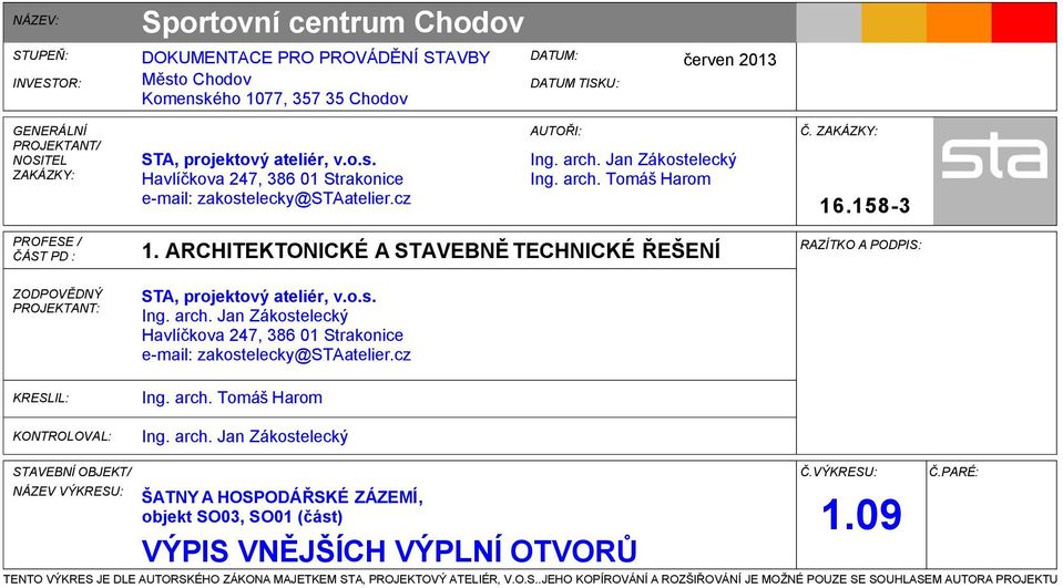 1583 PROFESE / ČÁST PD : ZODPOVĚDNÝ PROJEKTANT: KRESLIL: KONTROLOVAL: 1. ARCHITEKTONICKÉ A STAVEBNĚ TECHNICKÉ ŘEŠENÍ STA, projektový ateliér, v.o.s. Ing. arch.