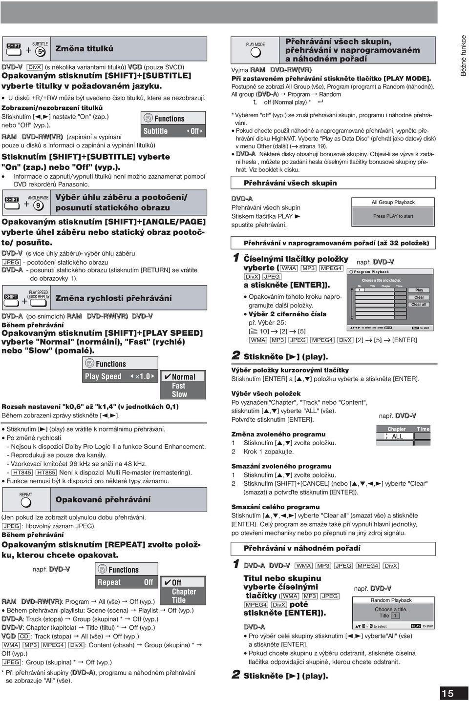 nebo "Off" (vyp.). RAM DVD-RW(VR) (zapínání a vypínání pouze u disků s informací o zapínání a vypínání titulků) Stisknutím [SHIFT]+[SUBTITLE] vyberte "On" (zap.) nebo "Off" (vyp.). Informace o zapnutí/vypnutí titulků není možno zaznamenat pomocí DVD rekordérů Panasonic.