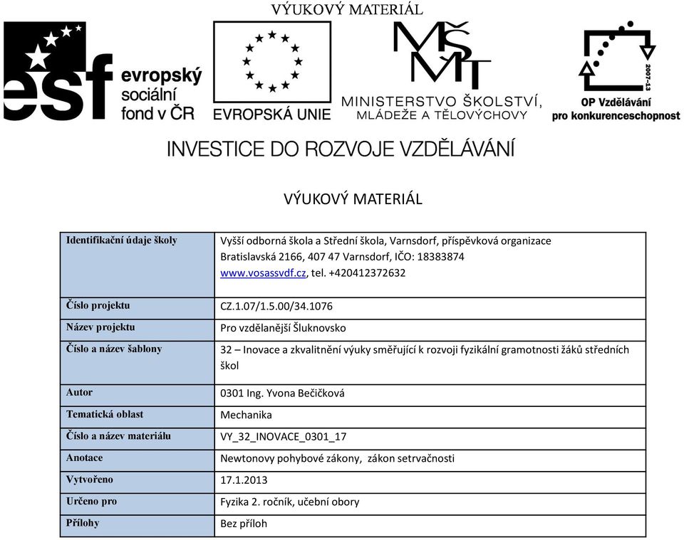 1076 Pro vzdělanější Šluknovsko 32 Inovace a zkvalitnění výuky směřující k rozvoji fyzikální gramotnosti žáků středních škol Autor 0301 Ing.