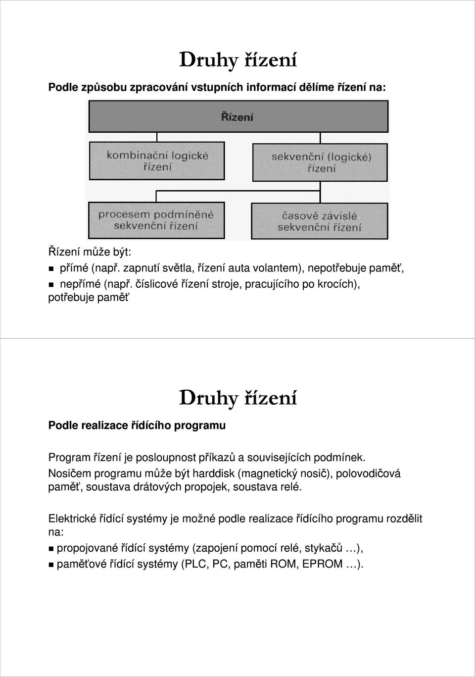 číslicové řízení stroje, pracujícího po krocích), potřebuje paměť Podle realizace řídícího programu Druhy řízení Program řízení je posloupnost příkazů a souvisejících