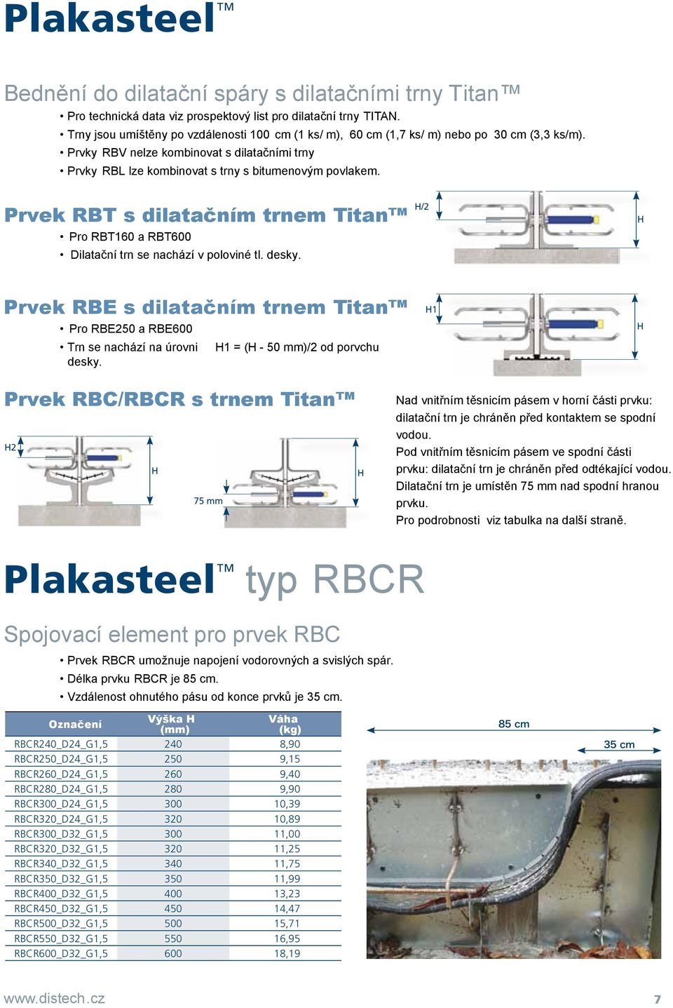 Prvek RBT s dilatačním trnem Titan Pro RBT160 a RBT600 Dilatační trn se nachází v poloviné tl. desky.