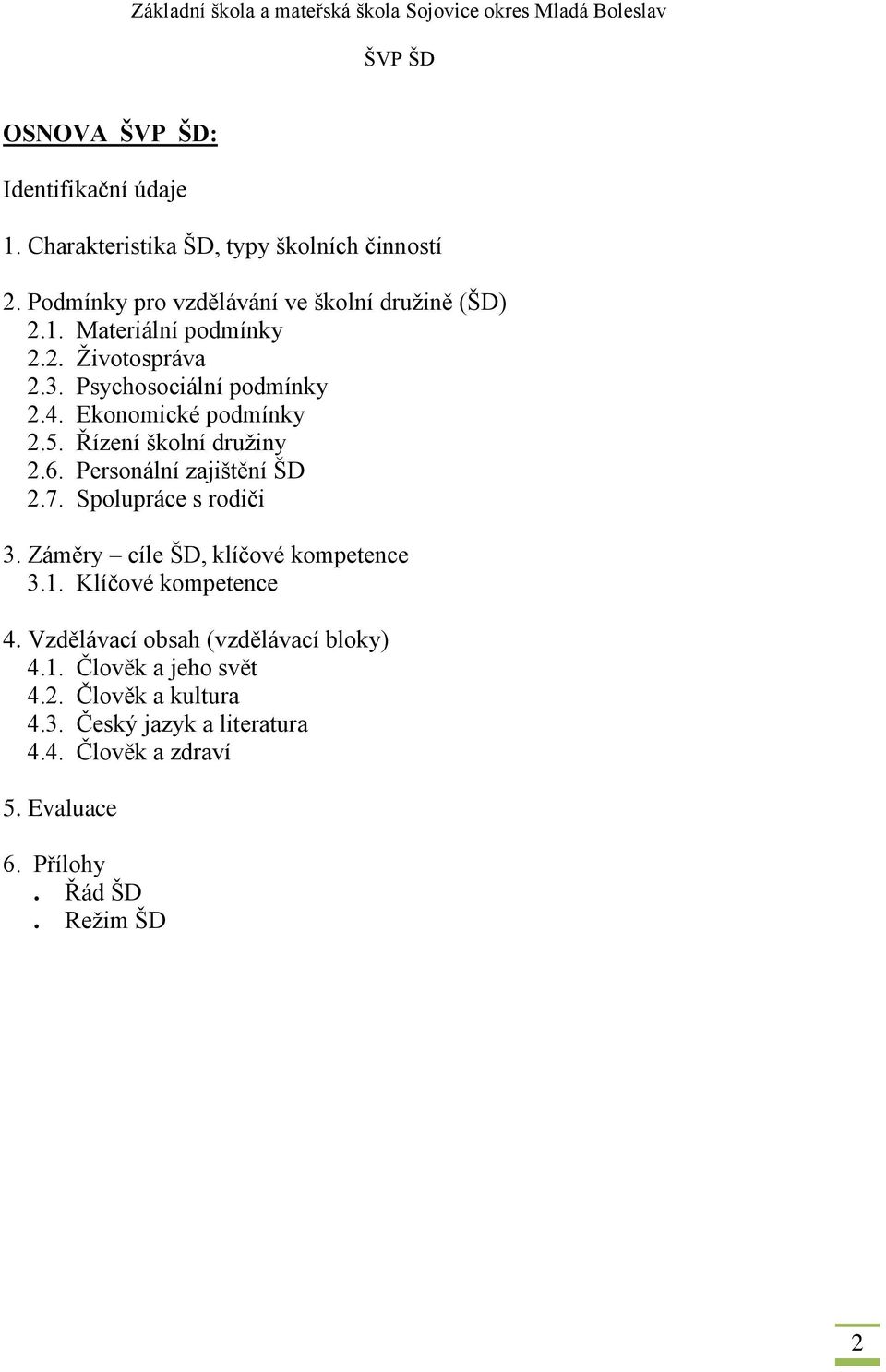 Spolupráce s rodiči 3. Záměry cíle ŠD, klíčové kompetence 3.1. Klíčové kompetence 4. Vzdělávací obsah (vzdělávací bloky) 4.1. Člověk a jeho svět 4.