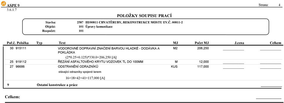 0=206,250 [A] 25 919112 ŘEZÁNÍ ASFALTOVÉHO KRYTU VOZOVEK TL DO 100MM M 12,000 27 96686