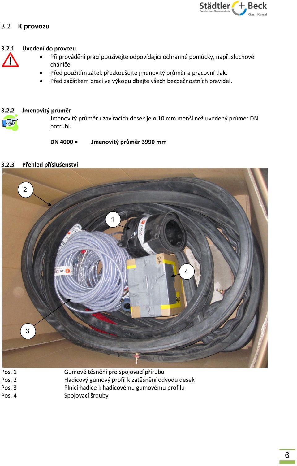 2 Jmenovitý průměr Jmenovitý průměr uzavíracích desek je o 10 mm menší než uvedený průmer DN potrubí. DN 4000 = Jmenovitý průměr 3990 mm 3.2.3 Přehled příslušenství 2 1 4 3 Pos.