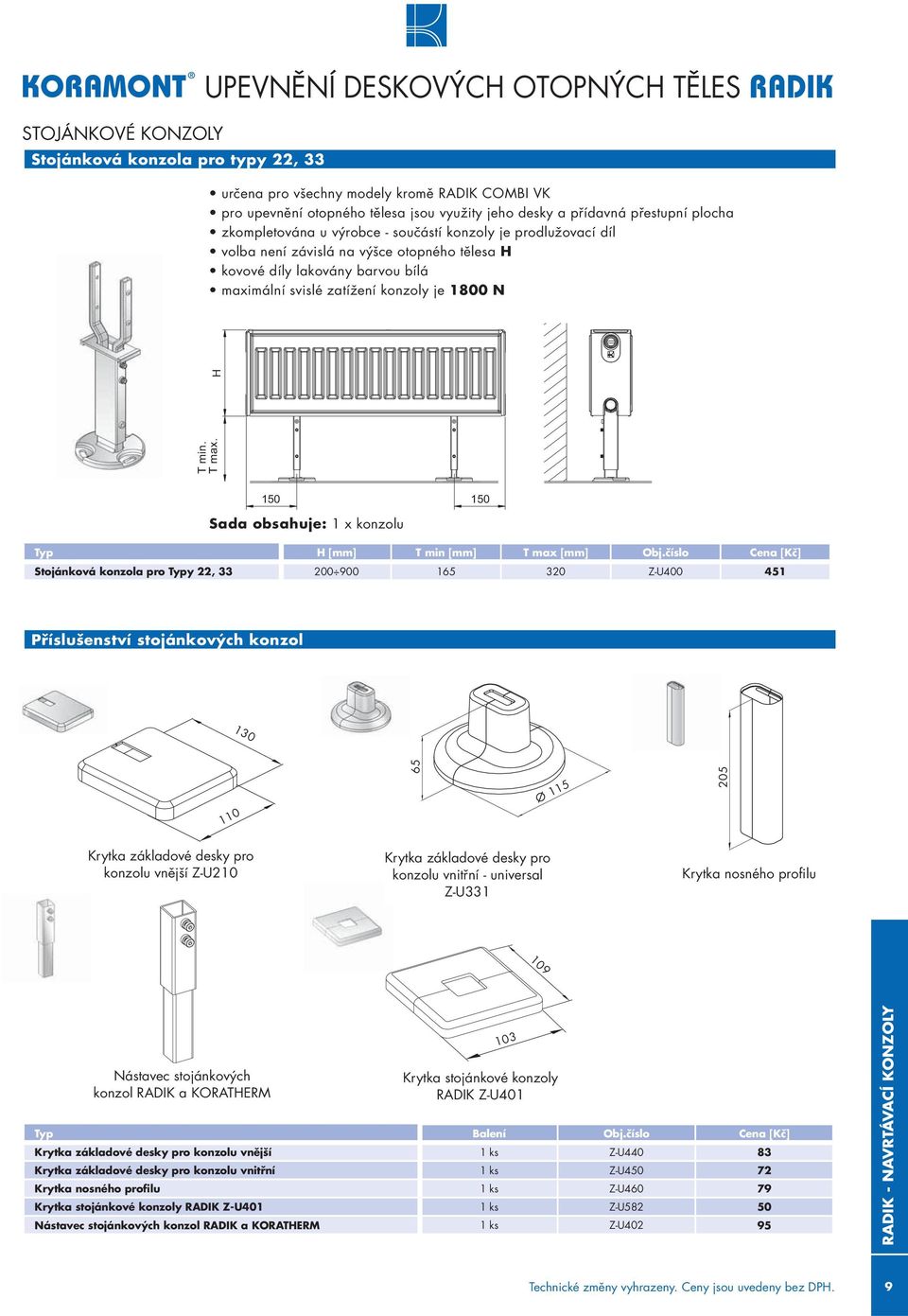 konzoly je 1800 N Příslušenství stojánkových konzol 130 110 65 65 Ø 115 205 T min. T max. H 150 150 Sada obsahuje: 1 x konzolu Typ H T min T max Obj.