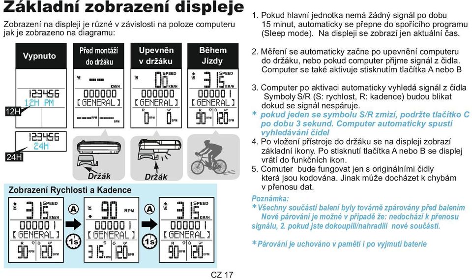 omputer po aktivaci automaticky vyhledá signál z čidla Symboly S/R (S: rychlost, R: kadence) budou blikat dokud se signál nespáruje.