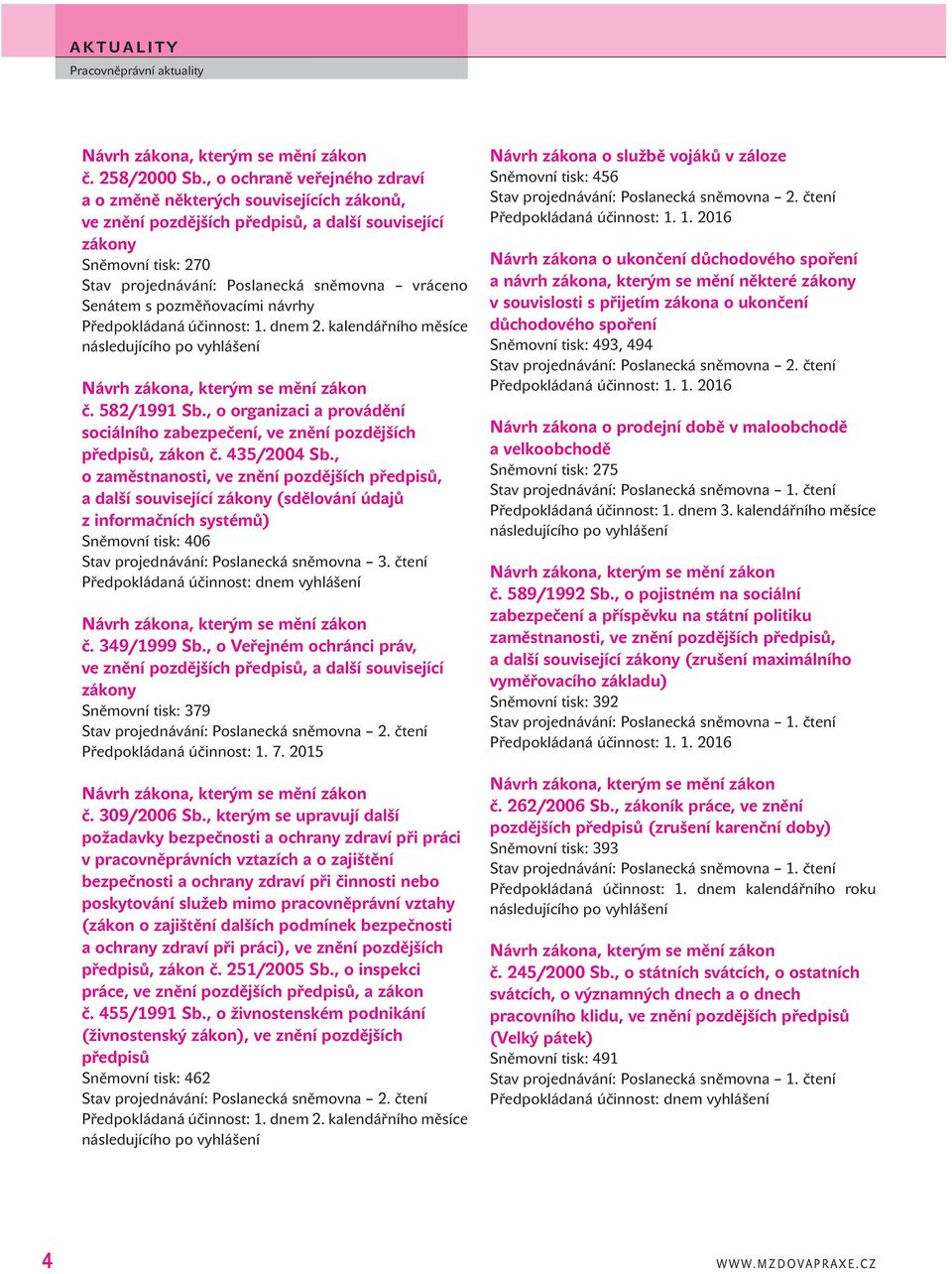 pozměňovacími návrhy Předpokládaná účinnost: 1. dnem 2. kalendářního měsíce č. 582/1991 Sb., o organizaci a provádění sociálního zabezpečení, ve znění pozdějších předpisů, zákon č. 435/2004 Sb.