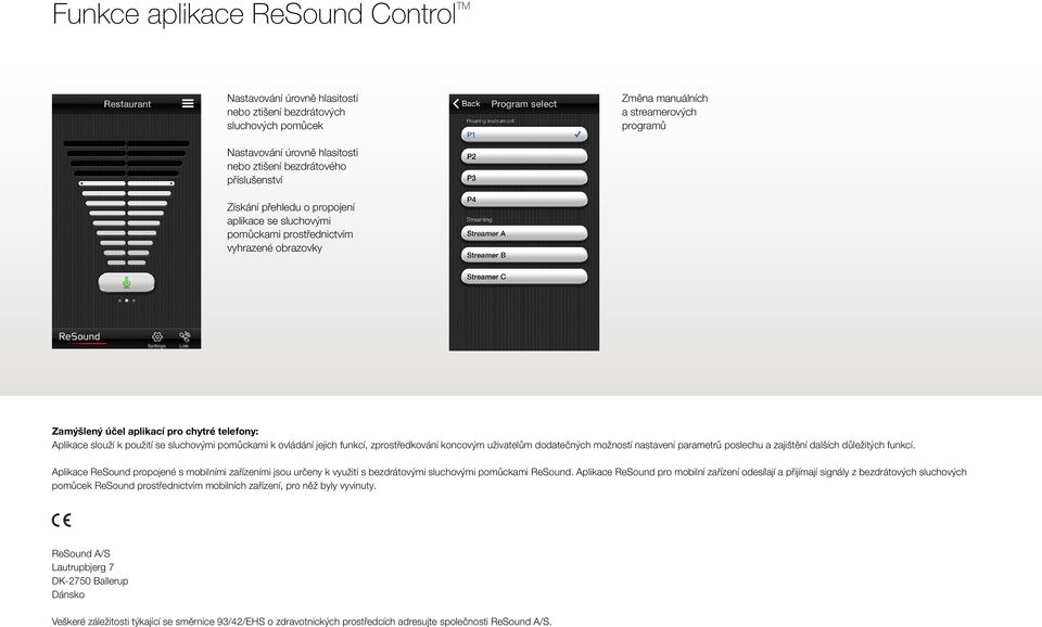 sluchovými pomůckami k ovládání jejich funkcí, zprostředkování koncovým uživatelům dodatečných možností nastavení parametrů poslechu a zajištění dalších důležitých funkcí.