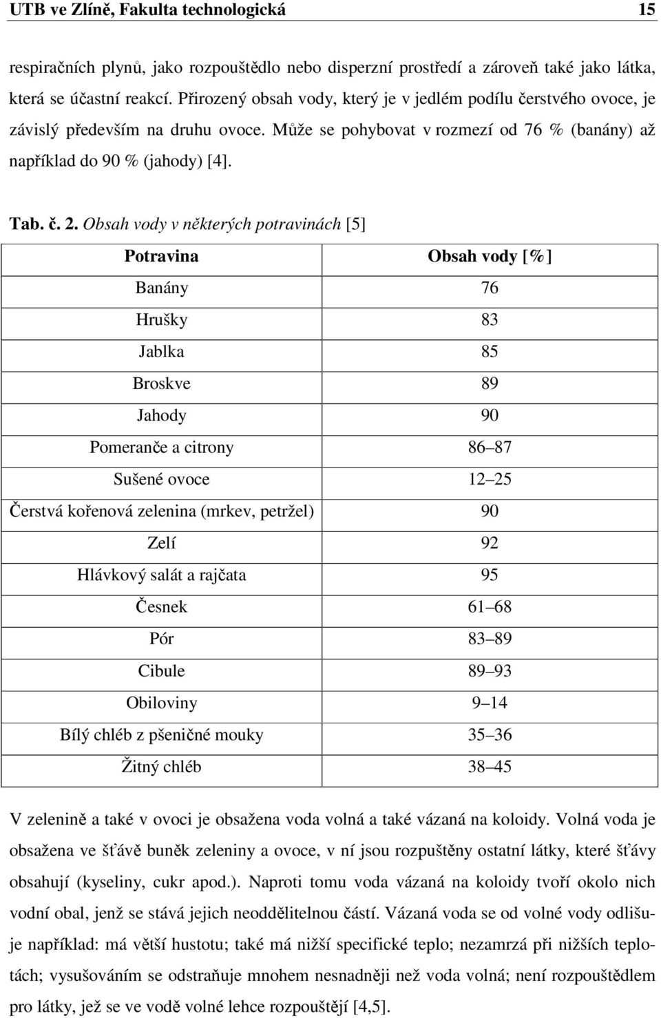 Obsah vody v některých potravinách [5] Potravina Obsah vody [%] Banány 76 Hrušky 83 Jablka 85 Broskve 89 Jahody 90 Pomeranče a citrony 86 87 Sušené ovoce 12 25 Čerstvá kořenová zelenina (mrkev,