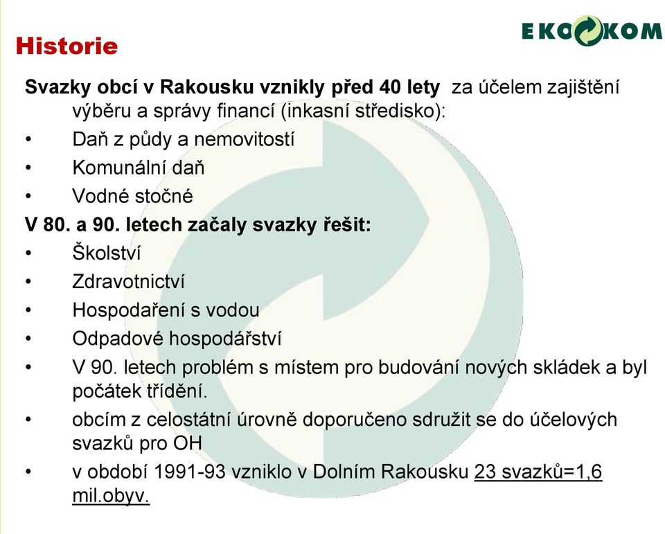 letech začaly svazky řešit: Školství Zdravotnictví Hospodaření s vodou Odpadové hospodářství V 90.