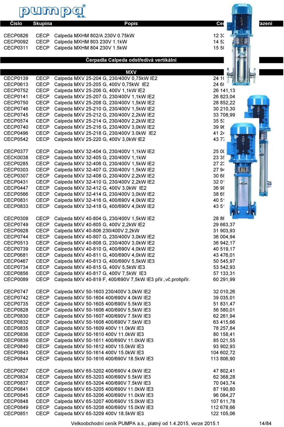 Calpeda MXV 25-206 G, 400V 1,1kW IE2 26 141,13 CECP0141 CECP Calpeda MXV 25-207 G, 230/400V 1,1kW IE2 26 823,04 CECP0750 CECP Calpeda MXV 25-208 G, 230/400V 1,5kW IE2 28 852,22 CECP0746 CECP Calpeda